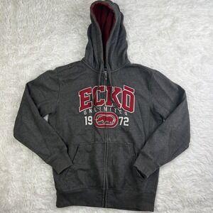 Vintage Y2K Ecko UNLTD Hoodie Mens Size Small Gray/Red Spell Out Rhino Logo 1972